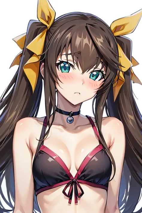 (masterpiece, Highest quality:1.2), One girl, between eyes, Long Hair, Twin tails, Hair Ribbon, Small breasts, choker, Cowardly, blush, Sports Bikini, Beach, From above, (Fine and beautiful eyes:1.6), Highly detailed face, Highly detailed CG, (Perfect hand...