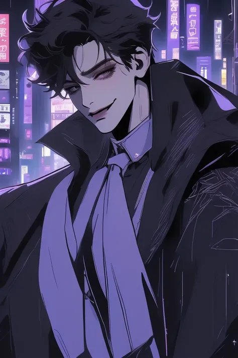 anime man in the night city, attractive man with сиреневые глаза while squinting, adult man, black hair, black loose shirt, (((n...