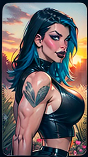 Realistic, 1girl, curvaceous, blue hair, red eyes, glowing eyes, cropped top, plunging neckline, high waisted skirt, with side slit, ripped clothing, parted lips, irezumi tattoos, blush, flashing her breasts, night, flowers, sunset, sunlight, big breasts, ...