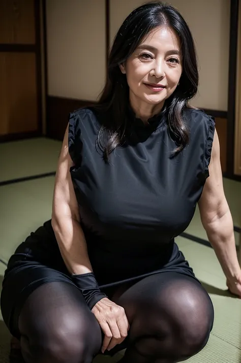 (masterpiece:1.4),(63-year-old woman:1.5),(facial wrinkles 1.2),A kind smile, (long hair : 1.1), (sleeveless black mourning dress), (black nylon tights : 1.2), Motherhood Mature Woman, plump arms, plump thighs, (focus on thighs : 1), squatting on tatami, o...