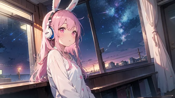 Highest quality, pretty girl, pastel colour, Fluffy bunny ears, Pink long hair,Pale pink eyes,You can see the starry sky from the window,Chill Pop,Lo-Fi,Wearing pink headphones