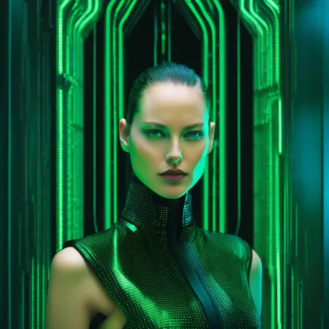 photorealistic portrait of a model in a matrix suit, digital rebellion, high costum futurista, aesthetic, high fashion, high cos...