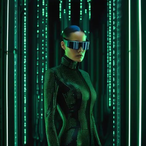 photorealistic portrait of a model in a matrix suit, digital rebellion, high costum futurista, aesthetic, high fashion, high cos...