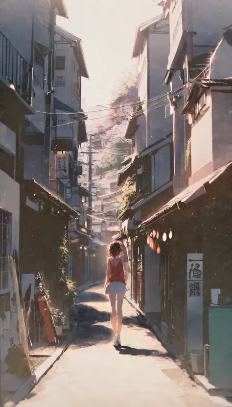 by rella, woman standing on a narrow street in a city with buildings, in a tokyo street, by eizan kikukawa, in the streets of to...