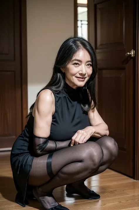 (masterpiece:1.4),(66-year-old woman:1.5),(Facial wrinkles : 1.2),A kind smile, (long hair : 1.1), (sleeveless black mourning dress), (black nylon tights : 1.2), Motherhood Mature Woman, plump arms, plump thighs, (focus on thighs : 1), squatting , on knees...