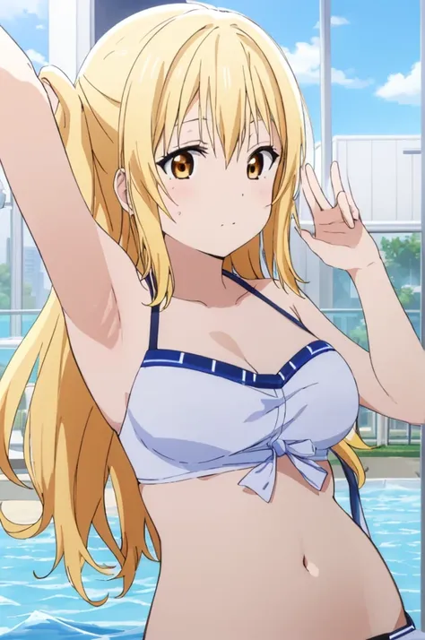 (((pixel-perfect, detail-perfect))), solo, 1girl, miyashita ai, normal face, eyes yellow, hair blonde, pool, bikini, armpit, lar...