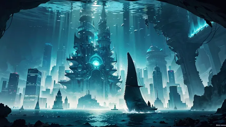 ((This prompt should help emphasize the high-resolution quality while recreating the image.))"A fantastical and serene deep-sea city scene viewed from the ocean floor looking up towards the water surface. The city is very large with futuristic buildings, d...