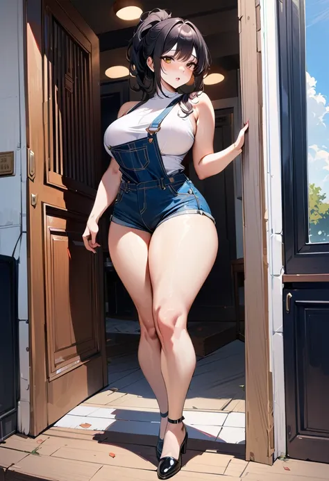 20 years old,1 girl, extremely thick thighs, hyperrealistic, 8k, (extremely detailed 8k), (very delicate and beautiful), (masterpiece), (better quality:1.0), (ultra high resolution:1.0), (masterpiece, best quality), cute,black hair,big breasts,ponytail,POV...