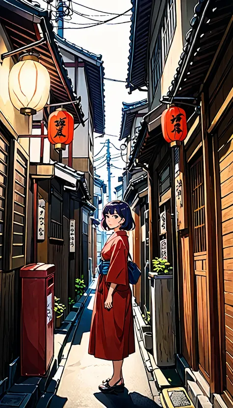 a woman standing on a narrow street in a city with buildings, in a tokyo street, by Eizan Kikukawa, in the streets of tokyo, standing in an alleyway, by Torii Kiyomoto, by Kamagurka, by Tobias Stimmer, in narrow tokyo alleyway, shot in canon 50mm f/1.2
