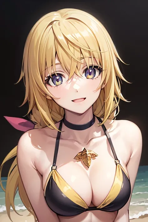 (masterpiece, Highest quality:1.2), One girl, between eyes, Medium chest, choker, happy smile, smile, Open your mouth, Yellow and black striped bikini, Beach, From above, (Fine and beautiful eyes:1.6), Highly detailed face, Highly detailed CG, (Perfect han...