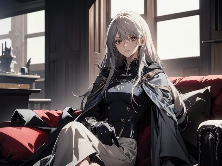 (Confused, High resolution, Very detailed), 1 female, Silver Hair,Long Hair,Reddish brown eyes,Blue and black pilot suit,24th generation,beauty,mature,thin,quiet,Calm,sofa,,Looks happy,White long cloak,Relaxing