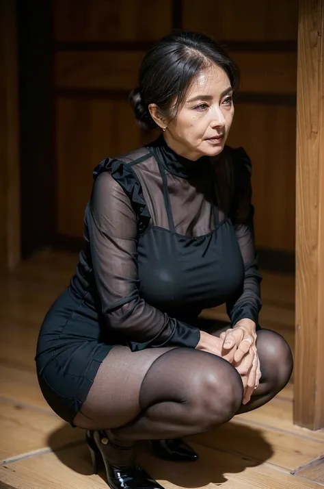 (masterpiece:1.4),(Beautiful 61 year old woman:1.5),(Facial wrinkles : 1.2), (facing away : 1.1), happy, (hair tied up : 1.1), (long black mourning dress), (black nylon tights : 1.2), (black high-heel), Motherhood Mature Woman, plump arms, plump thighs, (f...