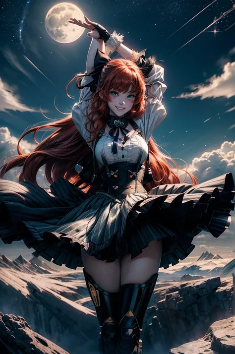 night, moon, stars, cowboy shot, (dynamic pose), smile,  underbust, Penny Polendina, long red hair, neck ribbon, suspender skirt, corset, black bow, white blouse, mechanical legs, neon trim, flying in the air, blue sky, clouds (volumetric lighting), intric...