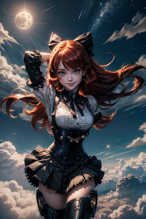 night, moon, stars, cowboy shot, (dynamic pose), smile,  underbust, Penny Polendina, long red hair, neck ribbon, suspender skirt, corset, black bow, white blouse, mechanical legs, neon trim, flying in the air, blue sky, clouds (volumetric lighting), intric...