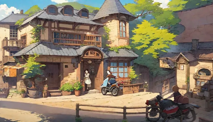 anime style illustration of a small town with a motorbike and a woman riding a motorbike, anime scenery concept art, ghibli stud...