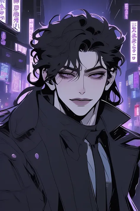 anime man in the night city, attractive man with сиреневые глаза while squinting, adult man, black hair, black loose shirt, (((n...