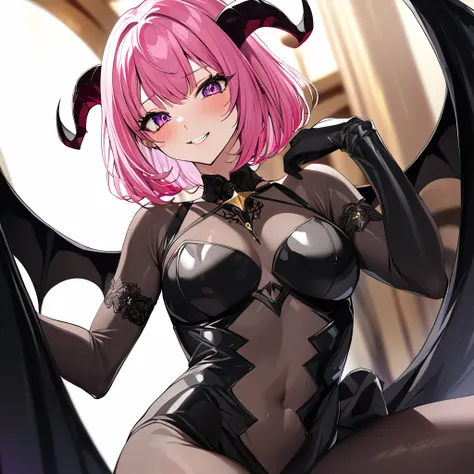 ((Highest quality)), ((masterpiece)), (detailed), （Perfect Face）、The woman is a naked demon queen, Momo Belia Deviluke, wearing a shiny black full-body bodysuit decorated with gold, the sexy female demon, Devil Queen Momo Belia Deviluke、The woman is a fema...