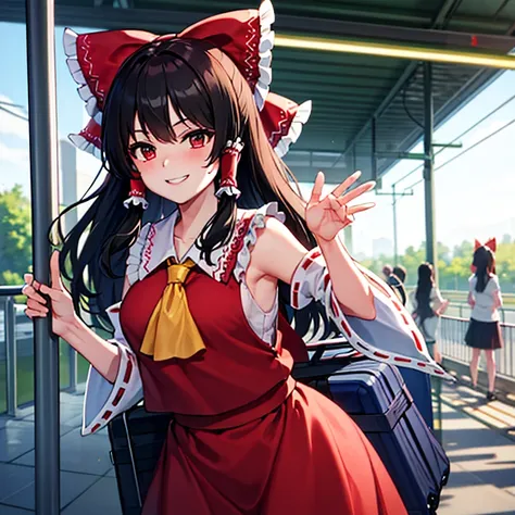 reimu is on the train platform, picking up her luggage and saying goodbye with a smile.