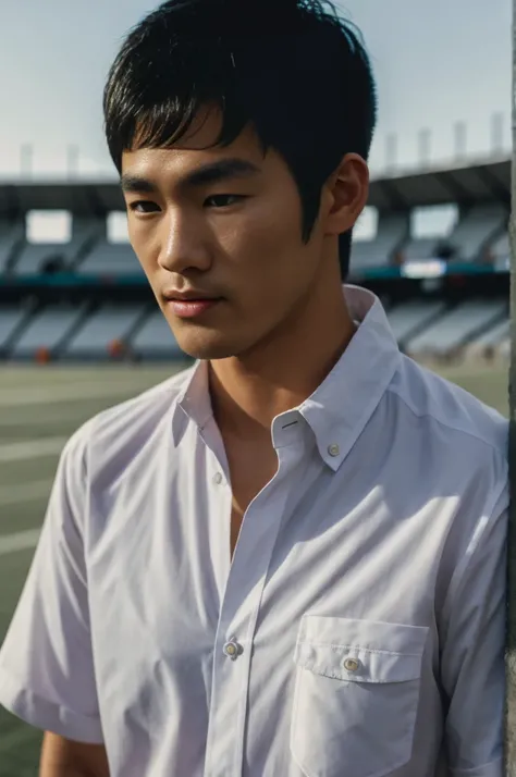 young asian man looking at camera in a white button-down shirt , fieldside, beach, sunlight, looking at the football field