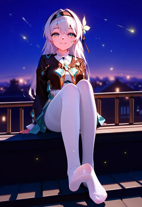 fraction_9, fraction_8_direction_7_up, 1 girl, firefly, headband, white tights, sitting on the roof, smile, shut up, starry sky,...