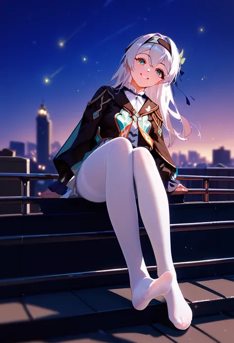 Fraction_9, Fraction_8_Direction_7_up, 1 Girl, firefly, Headband, White tights, Sitting on the roof, Smile, Shut up, Starry Sky, railing, foot