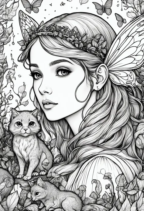 a fairy surrounded by enchanted creatures in a magical forest, clean line art, white background, colouring page, clean