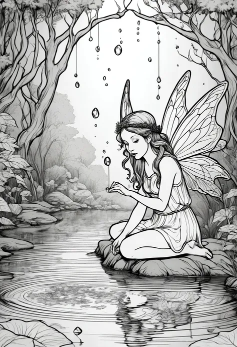 a fairy playing with her reflection in a crystal-clear forest pond. clean line art, white background, colouring page, clean outl...