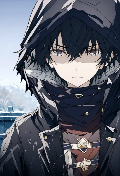 anime male, black hair, black clothing, tired face expression, best quality, wise, cold-hearted, cool, solo, black hood on, blac...