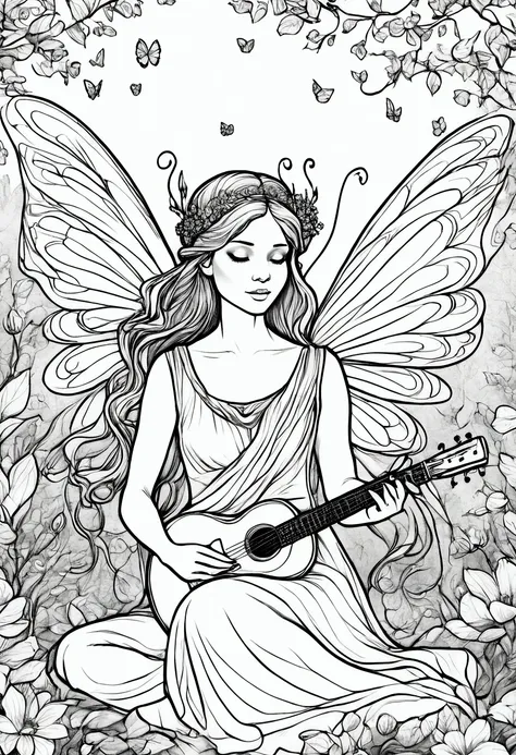 a fairy serenading the forest with a magical song as flowers bloom around her. clean line art, white background, colouring page,...