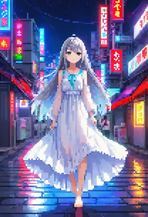 1girl, gray hair、long hair、ahoge、seven colored hair、eyes of seven colors、white dress、barefoot、neon night、neon sign、city、red and ...