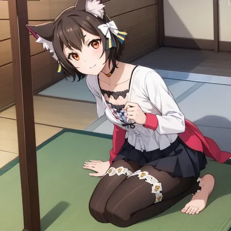 felix argyle outfit, red eyeshadow, black hair, black eyes, sit on tatami, full body, 