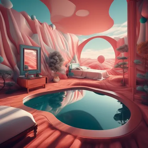 "Imagine a surreal, dreamlike bedroom landscape with floating elements and optical illusions. Experiment with perspective and distorted shapes to challenge the viewers perception and create a whimsical, otherworldly atmosphere."