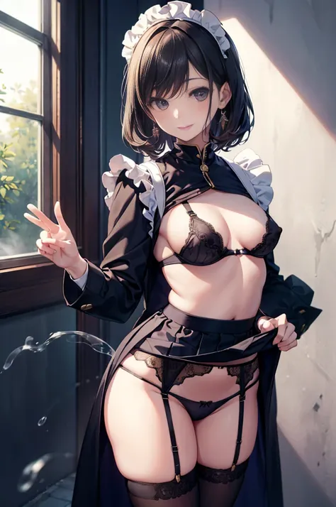 (masterpiece), Mature Woman,Navy blue maid outfit, Small breasts,Natural light, Realistic, Diffuse Light, Skinny, vapor, (Please lift your skirt), (urination), With a smile.garter belt,Enamel stockings,Long nipples,Areola,See-through bra, fellatio gesture