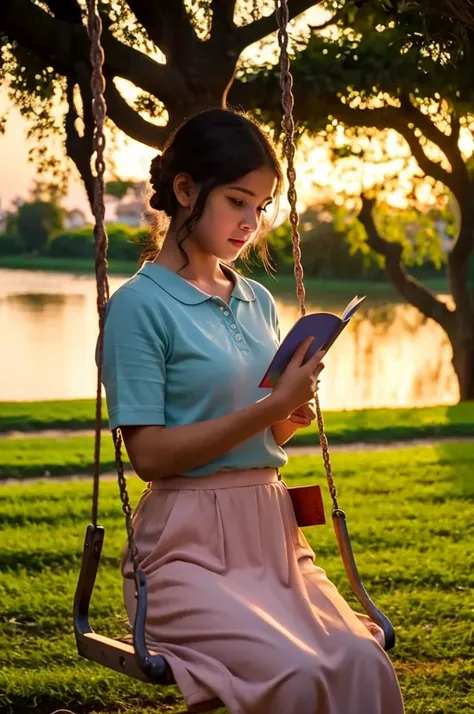 a girl sitting on a swing reading a book at dusk, real movie scene, reading a book, reading under a tree, movie screenshot, real movie scene, opening scene, movie promotional photo, movie screenshot, the aesthetics of storytelling, childrens literature, mo...