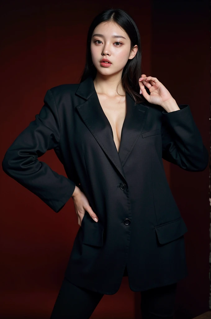 Cool beauty，Looks sweet. Wearing black oversize blazer, deep v, show cleavage, big breast, plump body, big thigh. Black pants. Red background.