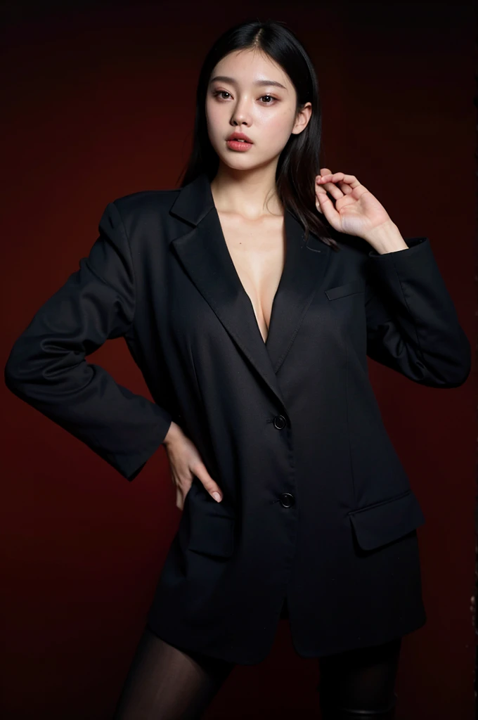 Cool beauty，Looks sweet. Wearing black oversize blazer, deep v, show cleavage, big breast, plump body, big thigh. Black pants. Red background.