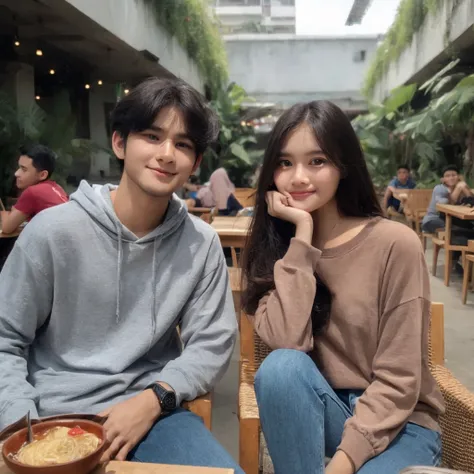 young couple, Indonesia, wearing casual clothes sitting on a cafe chair, faint smile cafe page background, There are 2 glasses of juice on the table, very detailed 8k