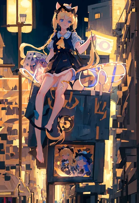 (best quality,4k,highres,masterpiece:1.2),ultra-detailed,realistic:1.37,blonde girl with long pigtails,blue eyes, wearing a cat ear hat, night background, street lamps lighting up the scene, nude