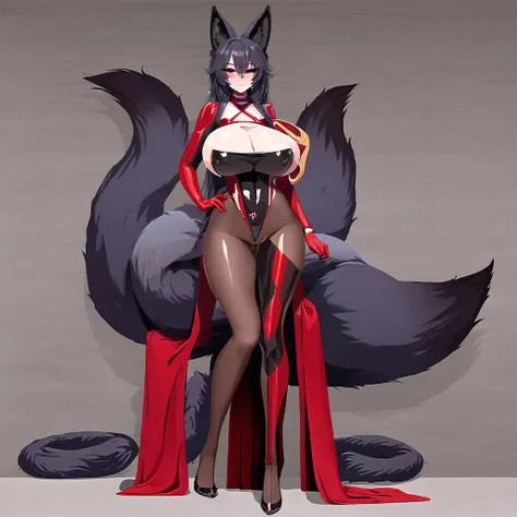 Beautiful black Kitsune, red eyes, highly detailed face, highly detailed eyes, big breasts, sexy figure, mature woman, several black kitsune tails, soft long Black Kitsune ears, Wearing red and black Race Suit, wide waist, full body