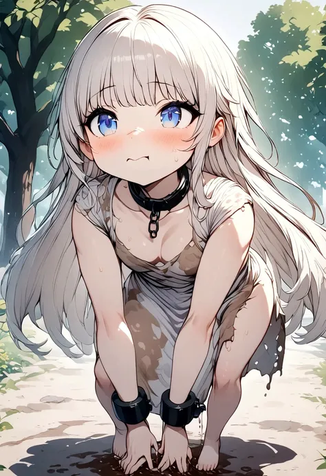 anime. girl. baby. slave. ssbbw. white hair. long hair. blue eyes. beautiful eyes. slave collar. shackles. dirty tunic. ugly pan...