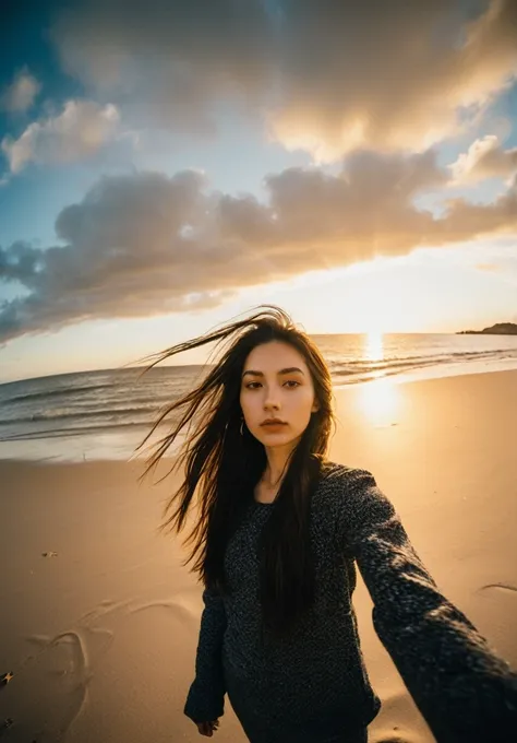 xxmix_fille,une femme prend un selfie fisheye sur une plage au coucher du soleil, le vent souffle dans ses cheveux en bataille. La mer s&#39;étend derrière elle, créant une esthétique et une atmosphère époustouflantes avec une note de 1.2.