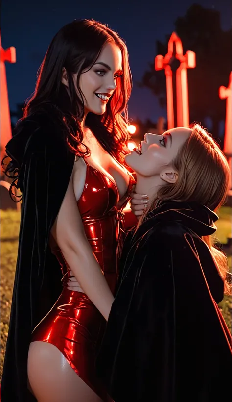 vampire teeth , ((((nighttime))) , 2girls,looking at each other in the eye, long hair , RAW photo, high quality, film grain,simple background, presenting, beautiful, (black and red lined satin cloak tied at the neck:1.20) , biting necks , breasts,big ass, ...