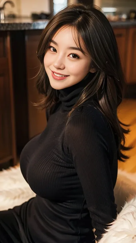 Giant turtleneck,Thick body:1.8,Huge breasts:1.6,Loose fluffy curls,Shiny skin,smile