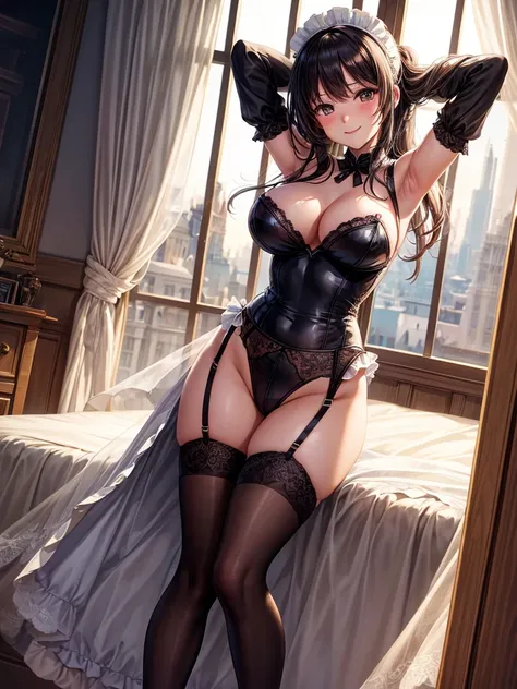 Highest quality,Highest Resolution,Beautiful girl with a smile in a super high leg maid leotard,Big Breasts,Striped knee-high stockings,Frills,garter belt,Bedroom,Night view outside the window,Standing posture,front,whole body,Place your hands behind your ...