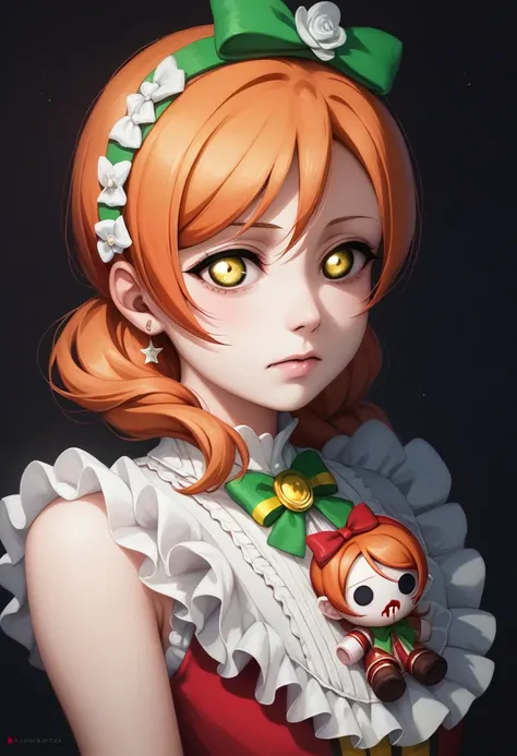 (​best quality,highres,masterpiece),solo, realistic art, upper body,Hoshizora rin love live, orange hair, yellow eyes, doll, horror, empty eyes, looking at viewer,dark room,dark blood 