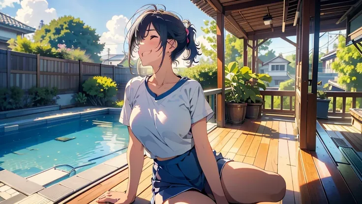 masterpiece,best quality, ultra high res,(beautiful girl:1.4), (beautiful Busty breasts:1), (happy:1.2), (enjoy:1.2), (dark hair:1), (short low ponytail:1.2), medium hair,a sexy mole around the mouth,wet lip, (burst into laughter:1.4), (squinting:1.4), (si...