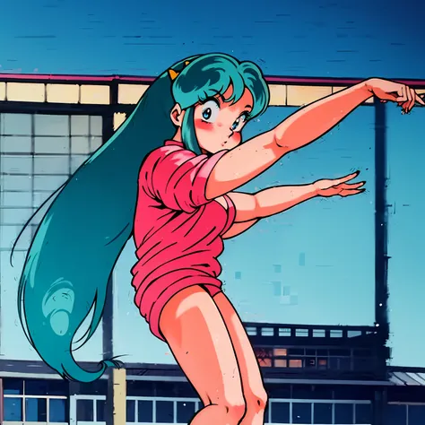 (score_9, score_8_up, score_7_up), lum, solo, long hair, bangs, blue hair, blue eyes, aqua hair, horns, eyeshadow, large breasts...