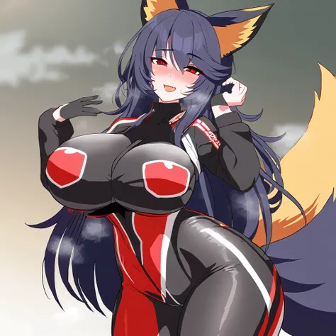 Beautiful black Kitsune, red eyes, highly detailed face, highly detailed eyes, big breasts, sexy figure, mature woman, several black kitsune tails, soft long Black Kitsune ears, Wearing red and black Race Suit, wide waist