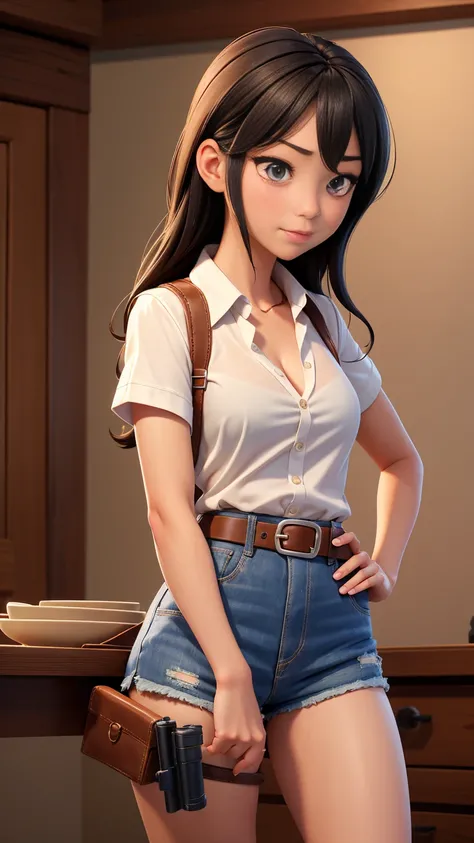 sexy, 灰色の目とsexyなポーズのスリムな女性, Dress in super hot shorts,Wear a short-sleeved cowboy shirt,Put a gun belt on your waist,Are crying