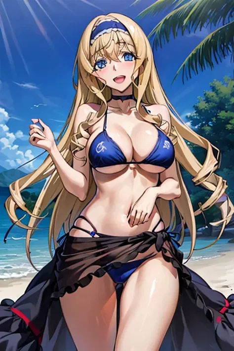 (masterpiece, Highest quality:1.2), full body, One girl, between eyes, Long Hair, happy smile, smile, Open your mouth, Large Breasts, choker, blush, Blue string bikini, (blue sarong), Beach, from the front, (Fine and beautiful eyes:1.6), Highly detailed fa...